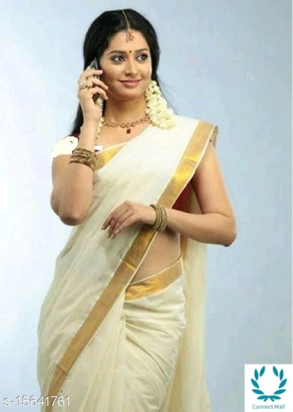 KERALA KASAVU TRADITIONAL PLAIN COTTON CREAM COLOR SAREE WITH BEST QUALITY 2 BY 3 INCHES ZARI IN PALLU Saree - White, Cotton